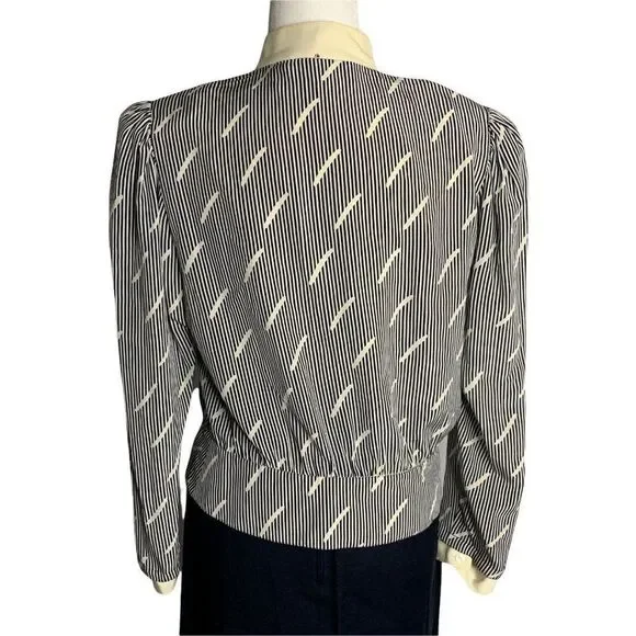 Vintage 80s Louis Feraud Top Skirt Set 12 Navy Blue Linen Silk Stripe - Picture 5 of 9